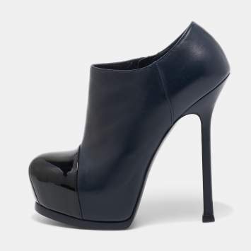 Pre Owned Yves Saint Laurent Navy Blue/Black Leather and Patent Leather Tribute Platform Ankle Boots Size 36