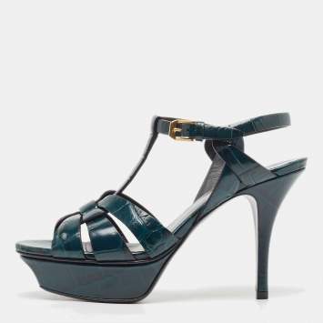 Pre Owned Saint Laurent Green Croc Embossed Leather Tribute Sandals Size 36 