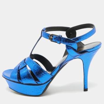 Pre Owned Saint Laurent Navy Blue Foil Leather Tribute Platform Ankle Strap Sandals Size 37.5