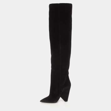 Pre Owned Saint Laurent Black Velvet Niki Over The Knee Boots Size 40