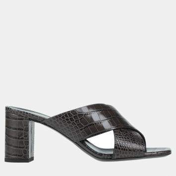Pre Owned Saint Laurent Croc Embossed Leather Cross Strap Sandals 35