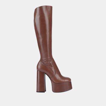 Pre Owned Saint Laurent Leather Knee Length Platform Block Heel Boots Size 38.5