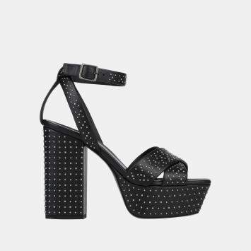 Pre Owned Saint Laurent Black Studded Leather Platform Ankle Strap Sandals Size 37