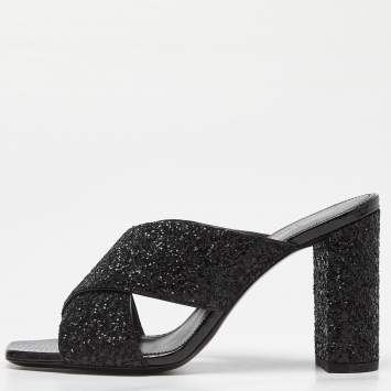 Pre Owned Saint Laurent Black Glitter and Ayers Loulou Criss Cross Mules Size 37