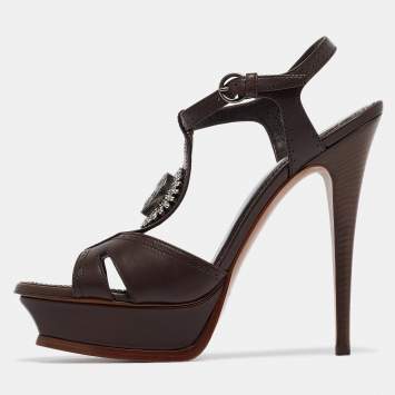 Pre Owned Saint Laurent Brown Leather Ankle Strap Sandals Size 41