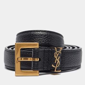 Pre Owned Saint Laurent Black Leather Cassandre Slim Belt 75 CM
