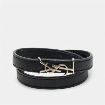 Pre Owned Saint Laurent Opyum Black Leather Silver Tone Wrap Bracelet