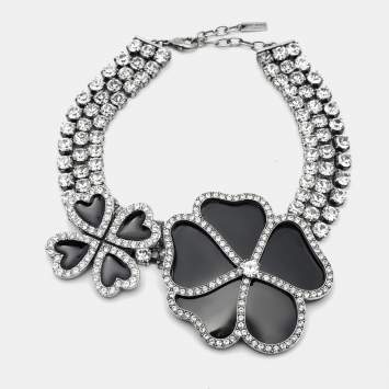 Pre Owned Saint Laurent Crystal Heart Clover Silver Tone Choker Necklace