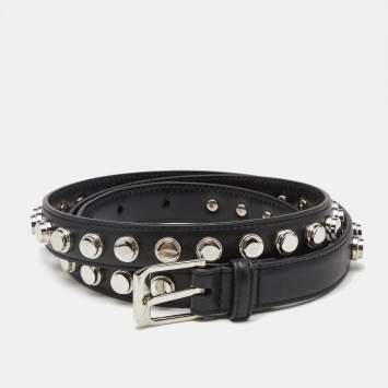 Pre Owned Saint Laurent Black Leather Studded Slim Buckle Belt 100CM