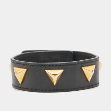 Pre Owned Saint Laurent Paris Black Leather Triangle Studs Gold Tone Cuff Bracelet