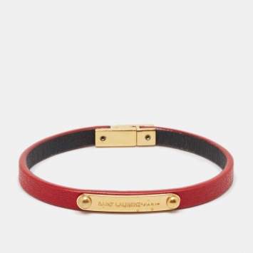 Pre Owned Saint Laurent  Red Logo Leather Gold Tone Bracelet