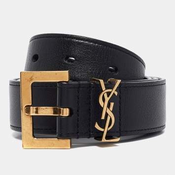 Pre Owned Saint Laurent Black Leather Cassandre Belt 75 CM