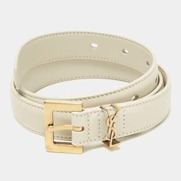 Pre Owned Saint Laurent Off White Leather Cassandre Slim Belt 70 CM