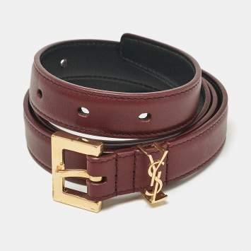 Pre Owned Saint Laurent Burgundy Leather Buckle Slim Belt 75 CM