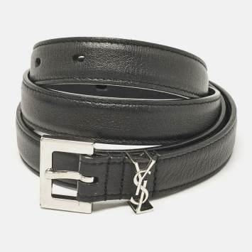 Pre Owned Saint Laurent Black Leather Cassandre Buckle Belt 80CM