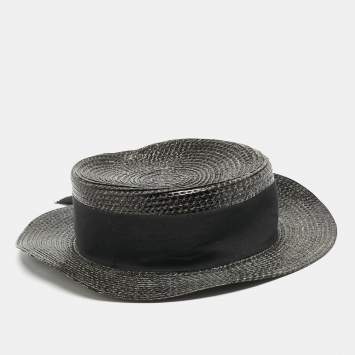 Saint Laurent Paris Black Canotier Lacquered Straw Boater Hat S