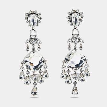 Pre Owned Saint Laurent Crystals Silver Tone Drop Earrings