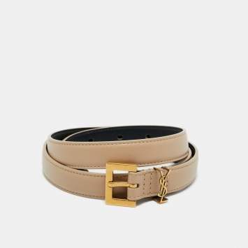 Saint Laurent Beige Leather Cassandre Slim Belt 80 CM