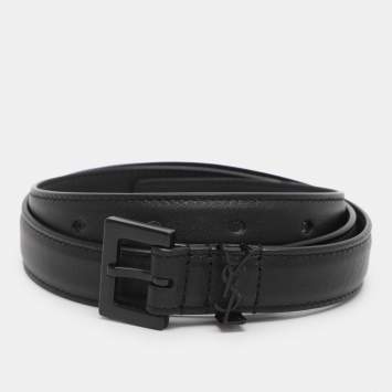 Saint Laurent Paris Metallic Grey Leather YSL Logo Buckle Belt 85