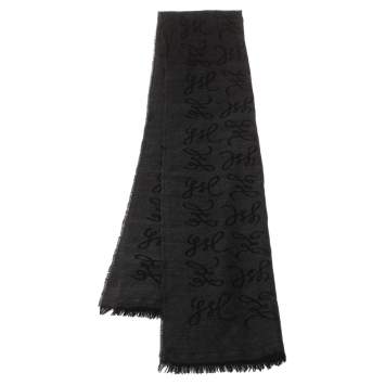 Pre Owned Yves Saint Laurent Black Jacquard Signature Wool Scarf