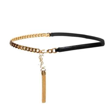 Pre Owned Saint Laurent Black Leather Monogram Tassel Chain Belt