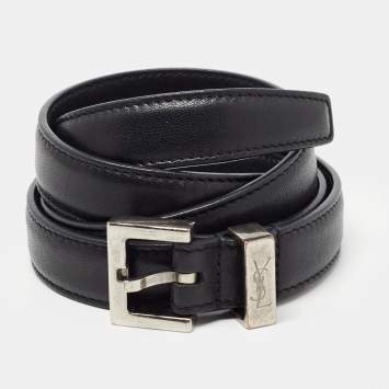 Pre Owned Saint Laurent Black Leather Buckle Slim Belt 85CM