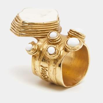 Pre Owned Saint Laurent Arty Enamel Glass Gold Tone Ring Size 55
