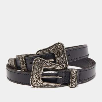Pre Owned Saint Laurent Black Leather Western Adjustable Buckle Belt 80CM