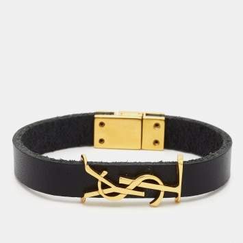 Pre Owned Saint Laurent Opyum Black Leather Gold Tone Bracelet