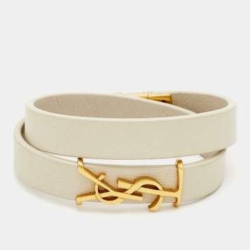 Pre Owned Saint Laurent Paris White Leather Opyum Gold Tone Wrap Bracelet