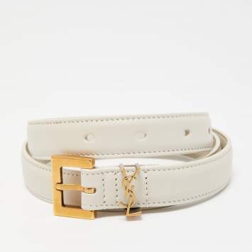 Pre Owned Saint Laurent White Leather Monogram Square Buckle Belt 75CM