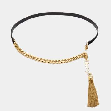 Saint Laurent Black Suede and Leather Monogram Chain Tassel Belt XL