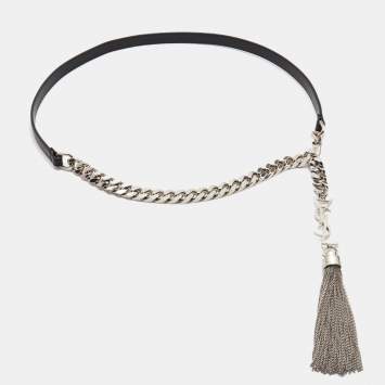 Pre Owned Saint Laurent Black Leather Monogram Chain Tassel Belt XL