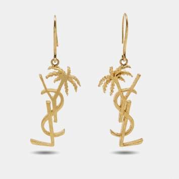 Pre Owned Saint Laurent Cassandra Palm Gold Tone Earrings