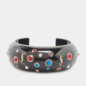 Saint Laurent Black Crystal Embellished Gold Tone Open Cuff Bracelet
