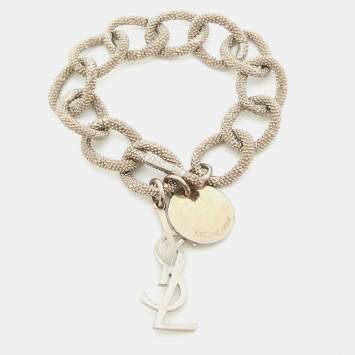 Pre Owned Saint Laurent Paris Logo Silver Tone Chain Link Bracelet