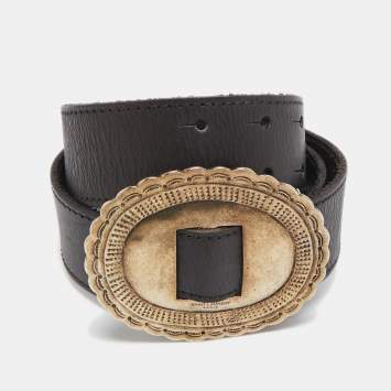 Pre Owned Saint Laurent Black Leather Oval Buckle Belt 