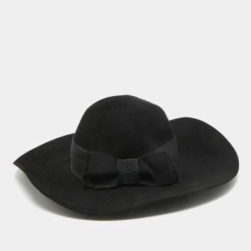 Pre Owned Saint Laurent Paris Black Rabbit Felt Wide Brim Hat Size 58