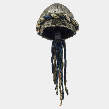 Pre Owned Saint Laurent Paris Gold/Black Lurex Silk Braided Turban S