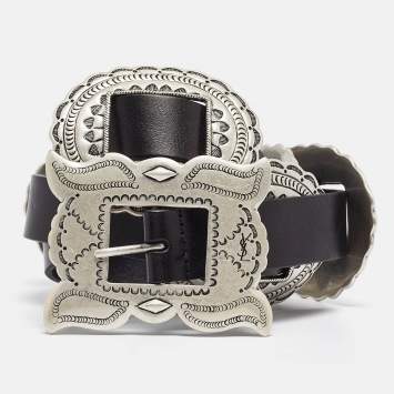Pre Owned Saint Laurent Black Leather Metal Detail Buckle Belt 80CM