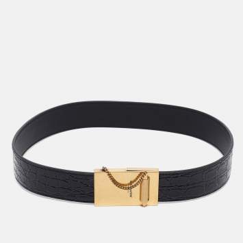 Pre Owned Saint Laurent Black Croc Embossed Leather Chaine Et Baton Belt 70CM