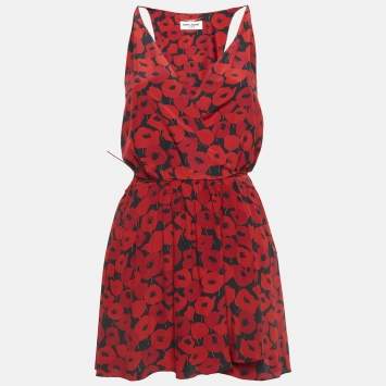Pre Owned Saint Laurent Red Printed Silk Wrap Mini Dress S