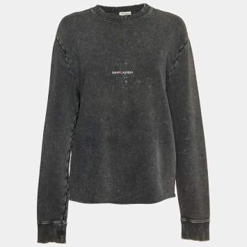 Pre Owned Saint Laurent Grey Washed & Printed Cotton Knit Sweatshirt M