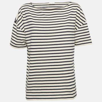 Pre Owned Saint Laurent Paris Navy Blue/White Stiped Cotton T-Shirt L