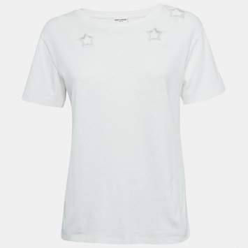 Saint Laurent Paris White Cotton Star Cut-Out Detail T-Shirt XS