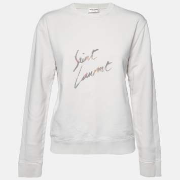Saint Laurent Paris Ecru Logo Print Cotton Distressed Sweatshirt S
