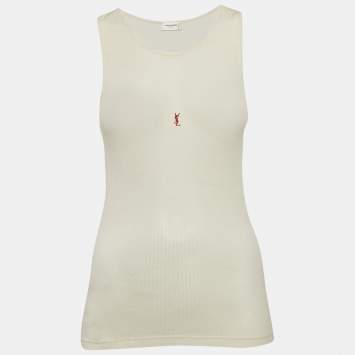 Pre Owned Saint Laurent Paris Cream Logo Embroidered Rib Knit Tank Top M