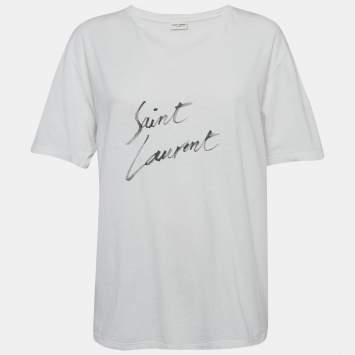 Pre Owned Saint Laurent White Logo Print Cotton Jersey T-Shirt M