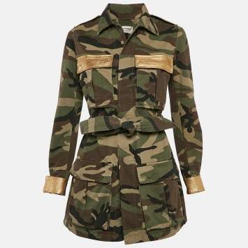 Pre Owned Saint Laurent Green Camo Print Leather Print Cotton Belted Jacket S