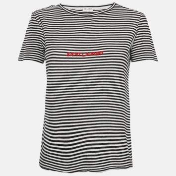 Pre Owned Saint Laurent Paris White/Black Stripe Logo Embroidered Jersey T-Shirt M